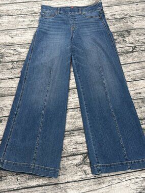 Spanx Wide Leg Jeans Womens L Medium Blue Wash High Rise Pull On Style